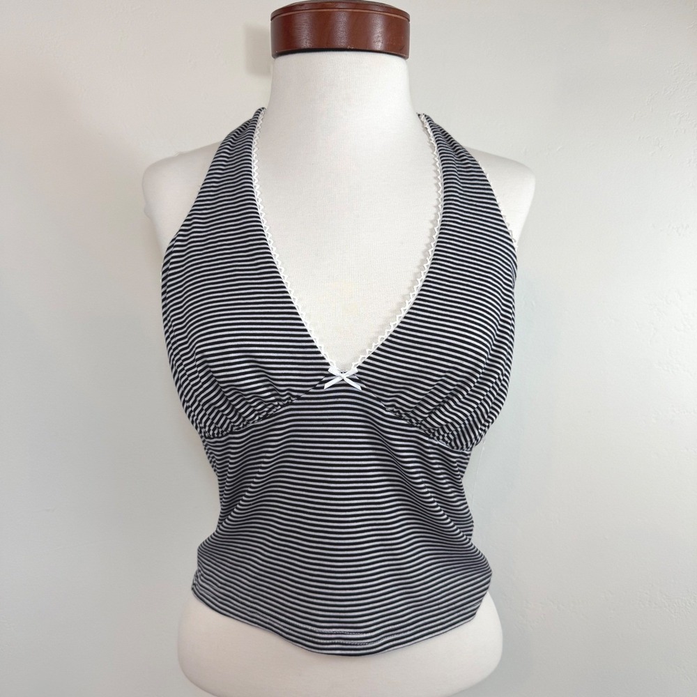 Y2K Striped Halter Top Lace Trim Tie Neck Babydoll Tank Black White L‎ NWT